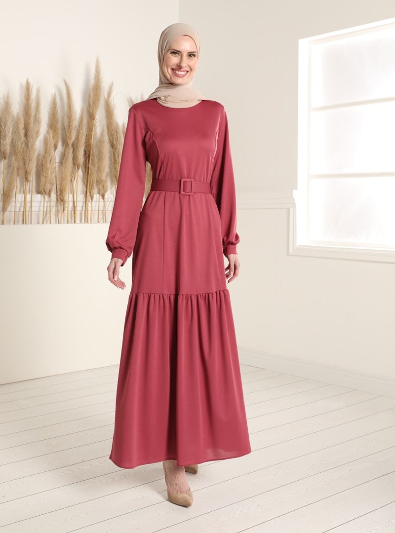 Tavin Koyu Gül Kurusu Kemerli Elbise