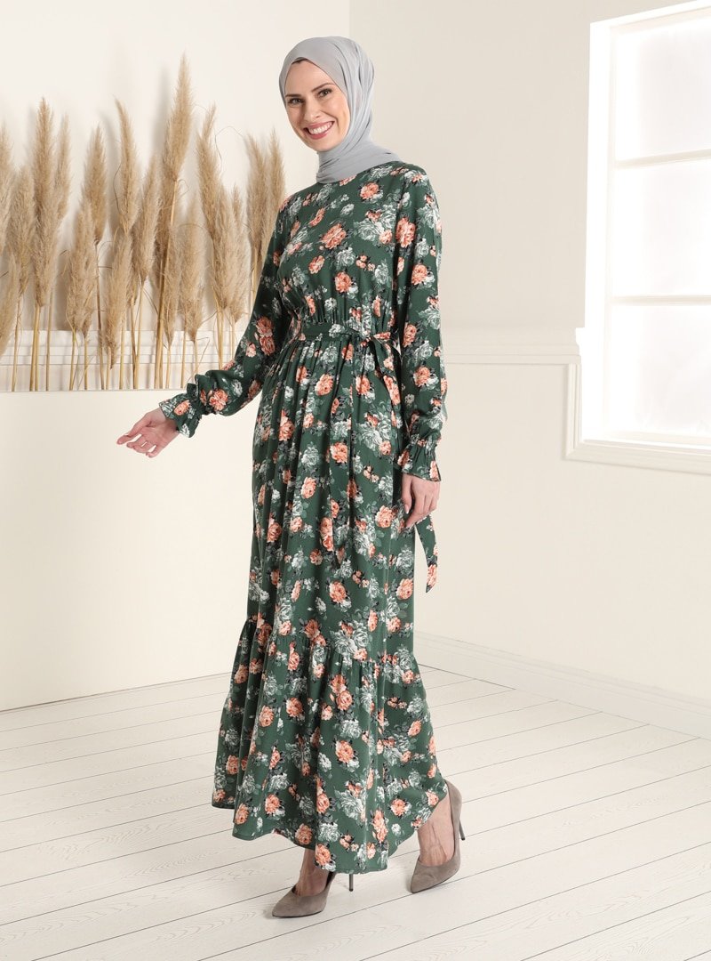 Tavin Haki Doğal Kumaşlı Çiçek Desenli Beli Lastikli Elbise