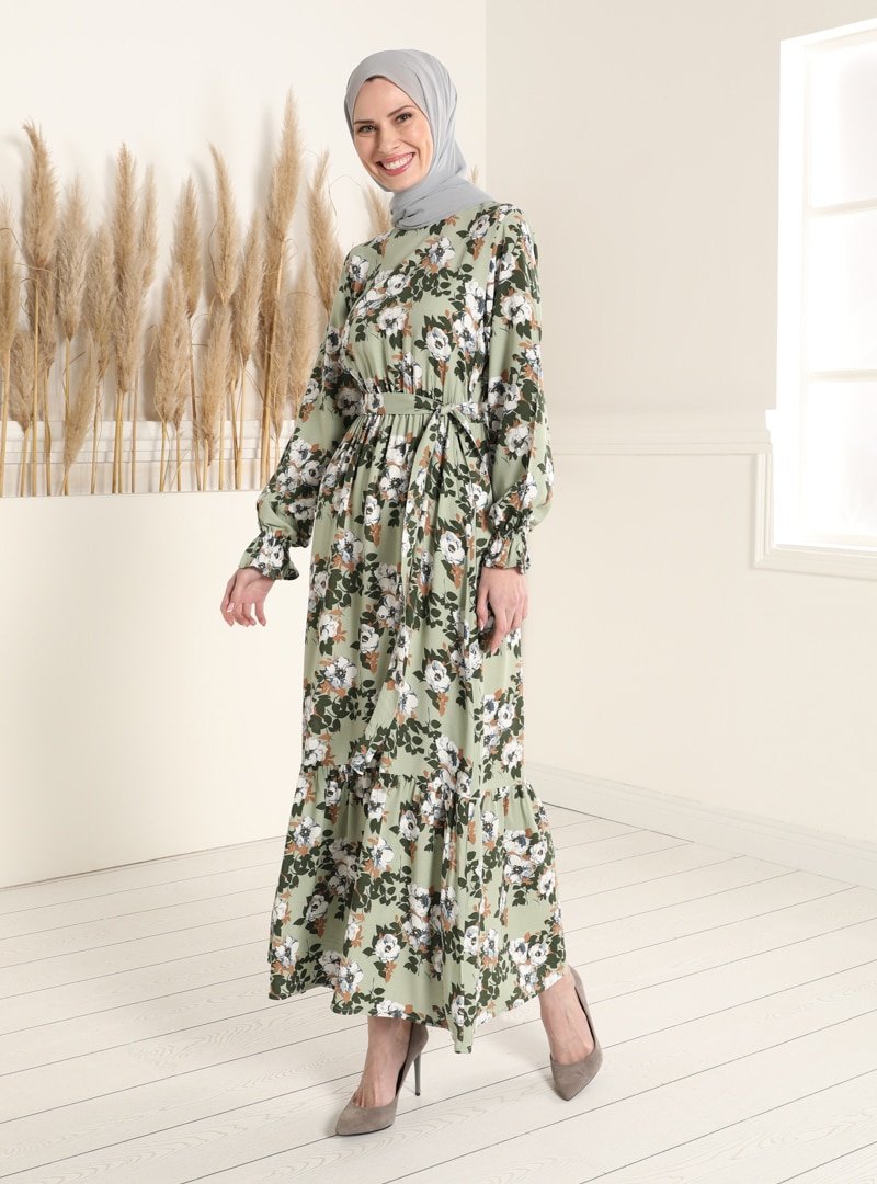 Tavin Çağla Doğal Kumaşlı Çiçek Desenli Beli Lastikli Elbise