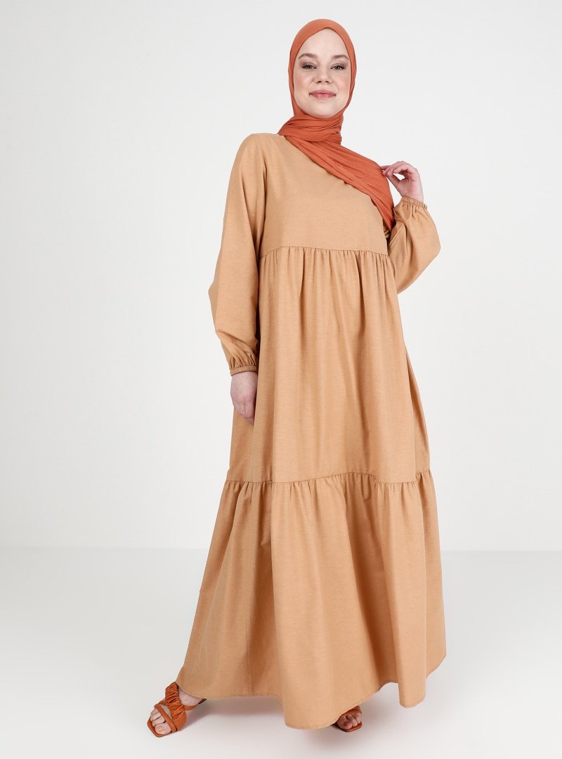 Arıkan Camel Kol Uçları Lastikli Elbise