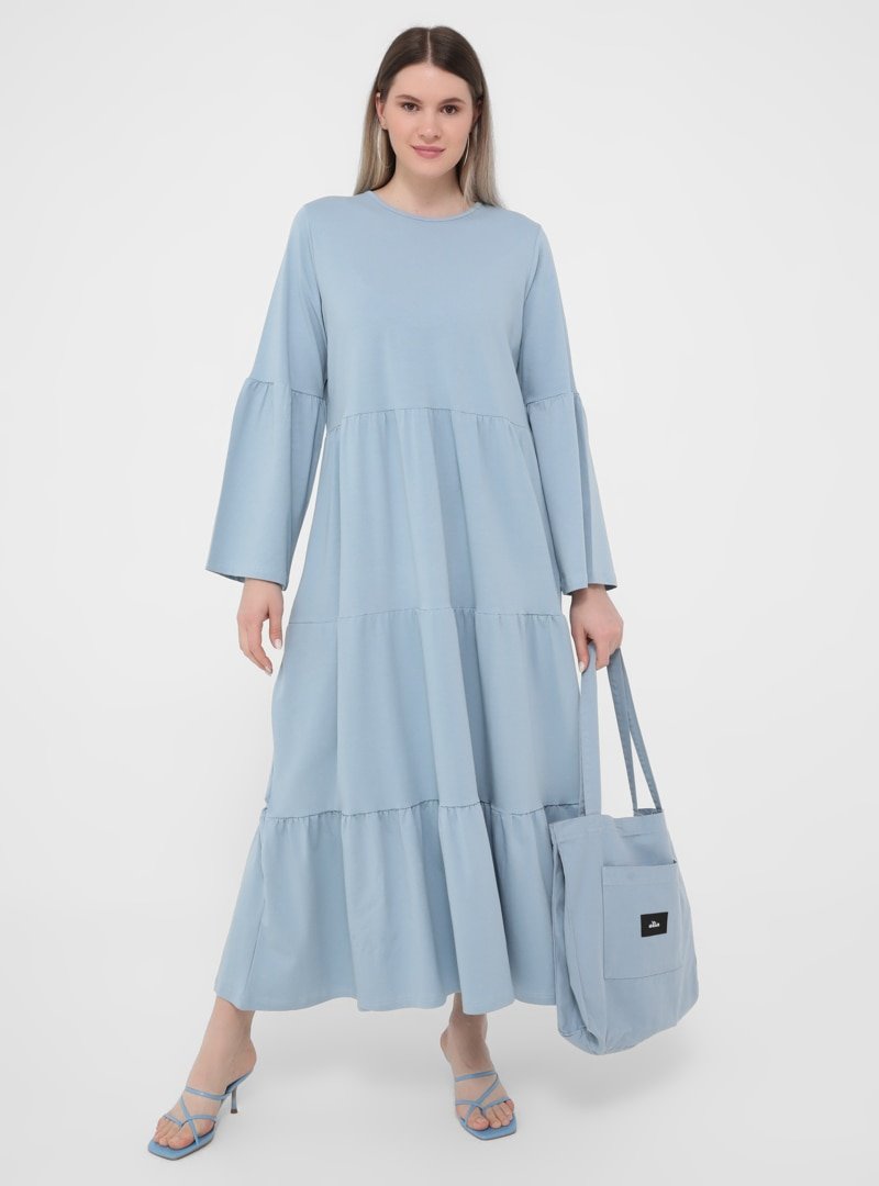 Alia Buzul Mavi Büyük Beden Rahat Parçalı Örme Elbise