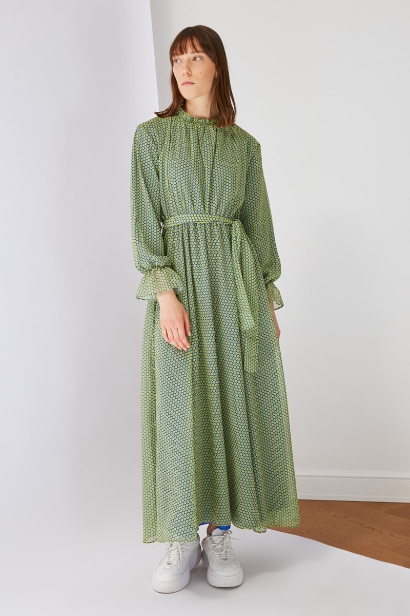 Trendyol Modest Yeşil Fırfırlı Desenli Şifon Elbise