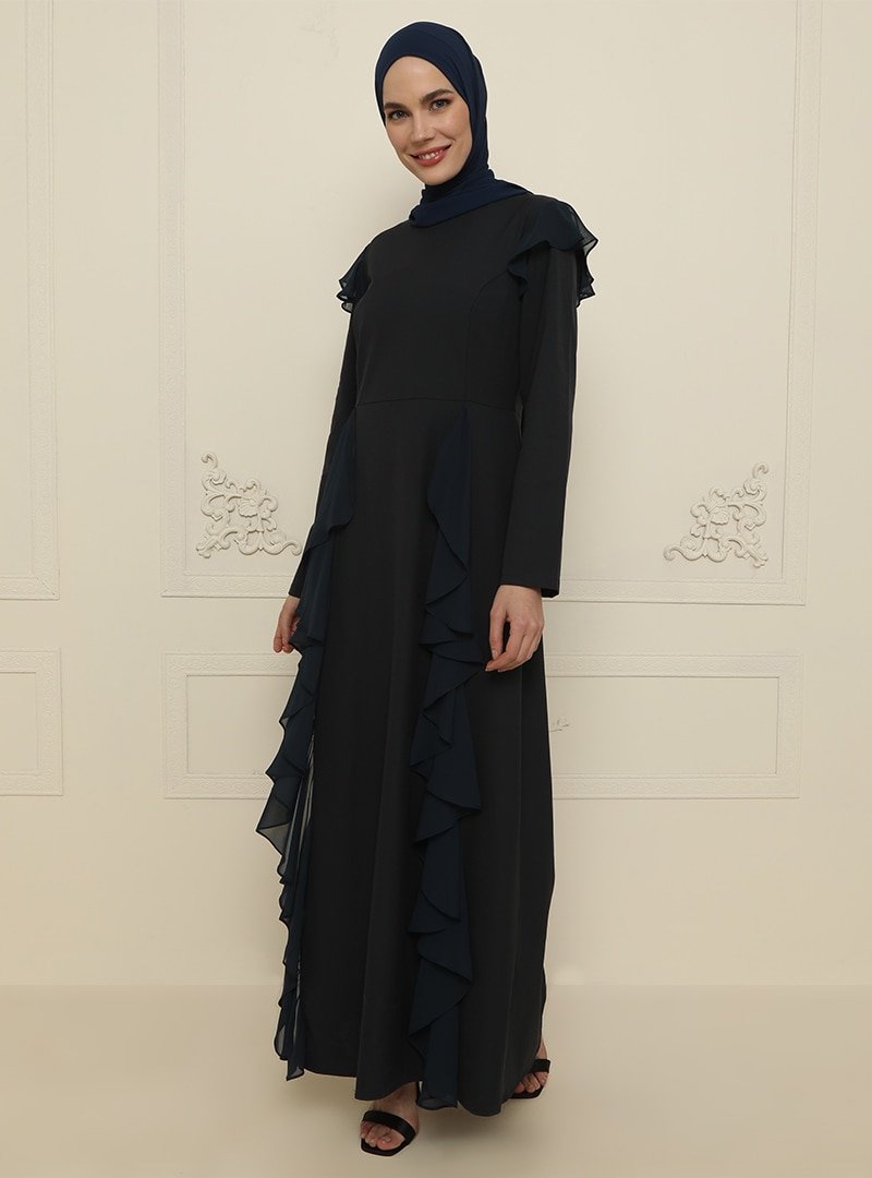 Ziwoman Lacivert Fırfır Detaylı Abiye Elbise