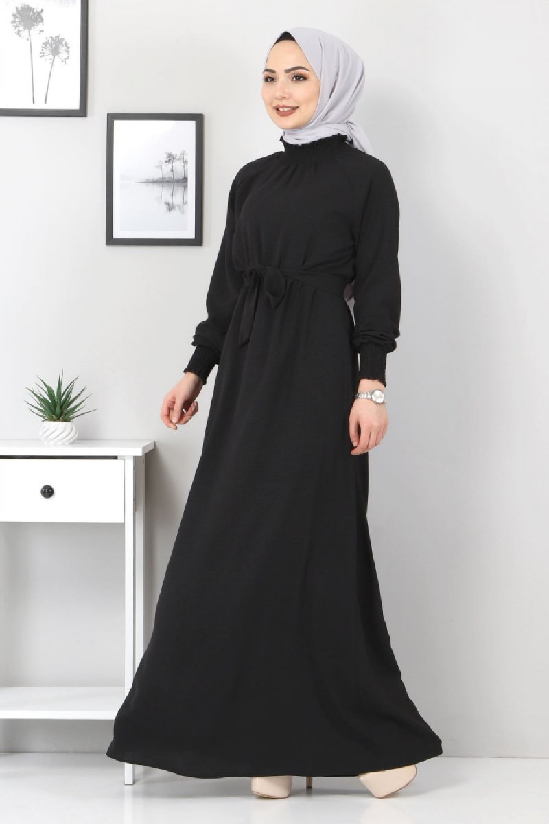 Tesettür Dünyası Siyah Yakası Lastikli Elbise