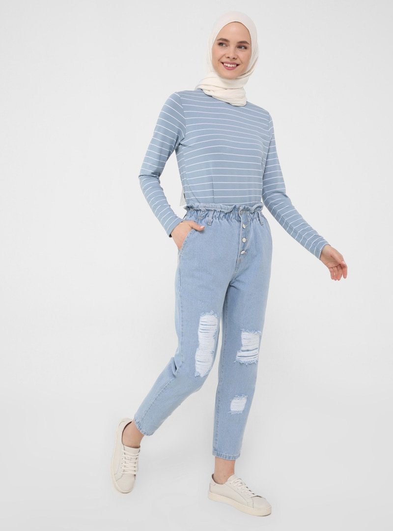 Benin Buz Mavi Yırtık Detaylı Beli Lastikli Denim Kot Pantolon
