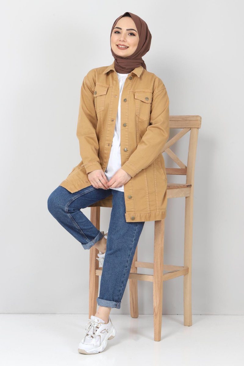 Tesettür Dünyası Taba Cepli Kot Ceket