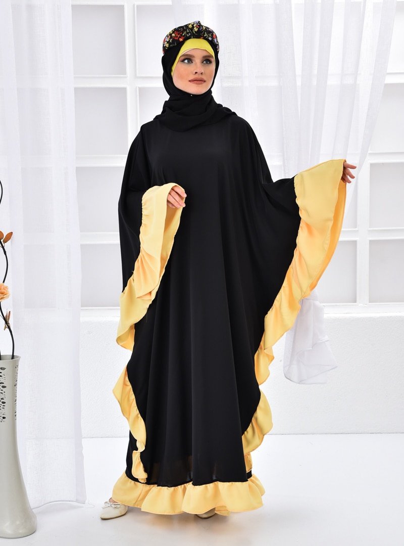 Filizzade Siyah Sarı Yanları Garnili Ferace Elbise