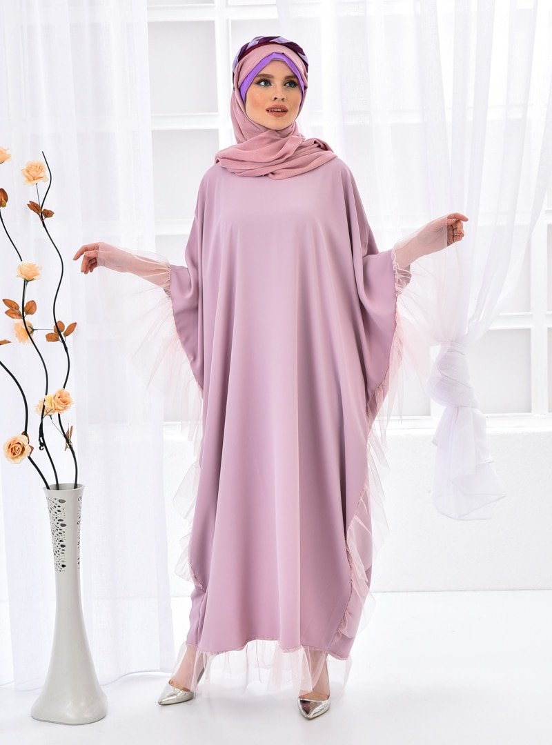 Filizzade Pudra Tül Detaylı Abiye Ferace Elbise