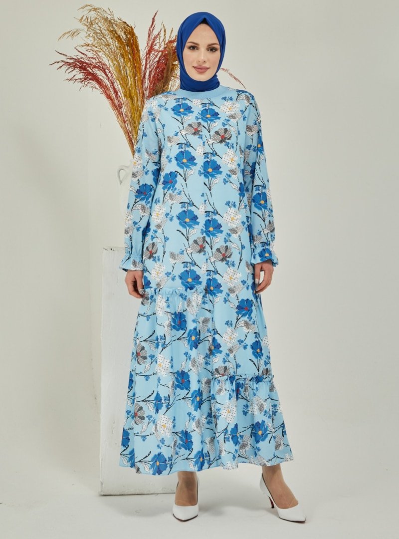AİŞE MODA Mavi Çiçek Desenli Elbise