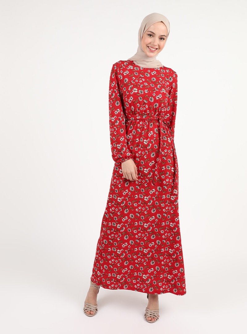 Zinet Kırmızı Çiçek Desenli Elbise