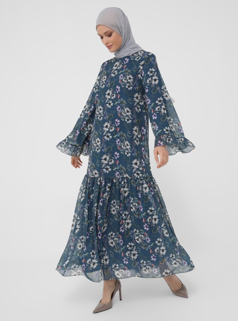 Refka Çiçekli Lacivert Volan Ve Bağlama Detaylı Rahat Kesim Şifon Elbise