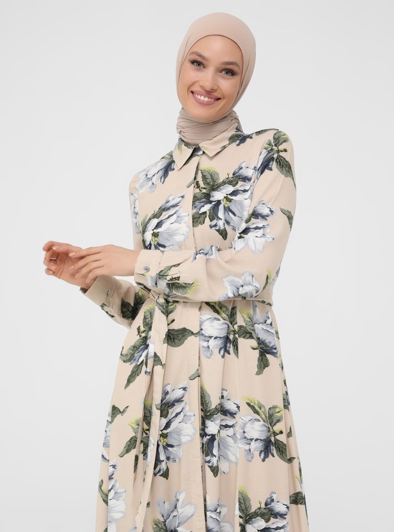 Refka Desenli Bej Doğal Kumaşlı Kuşaklı Gömlek Elbise