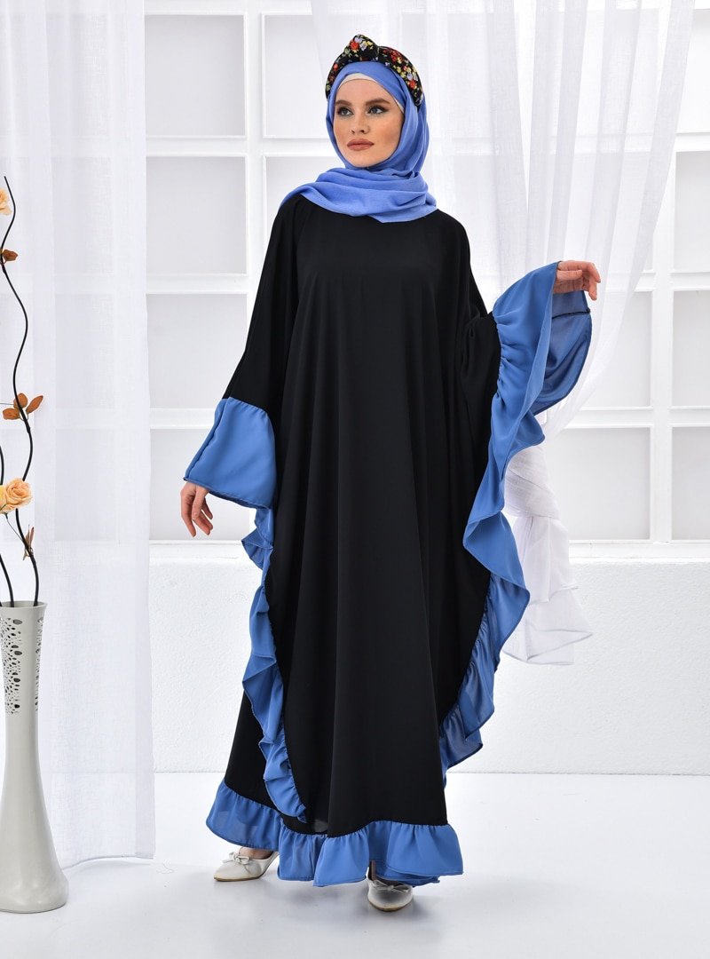 Filizzade Siyah İndigo Yanları Garnili Ferace Elbise