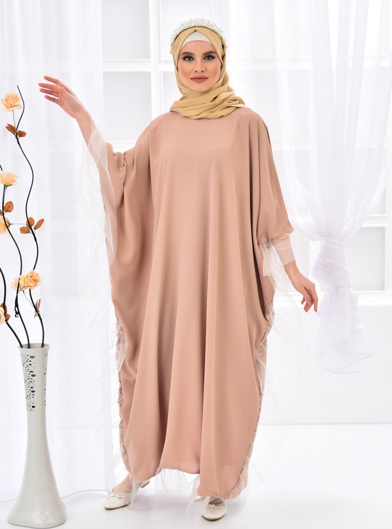 Filizzade Camel Tül Detaylı Ferace Elbise