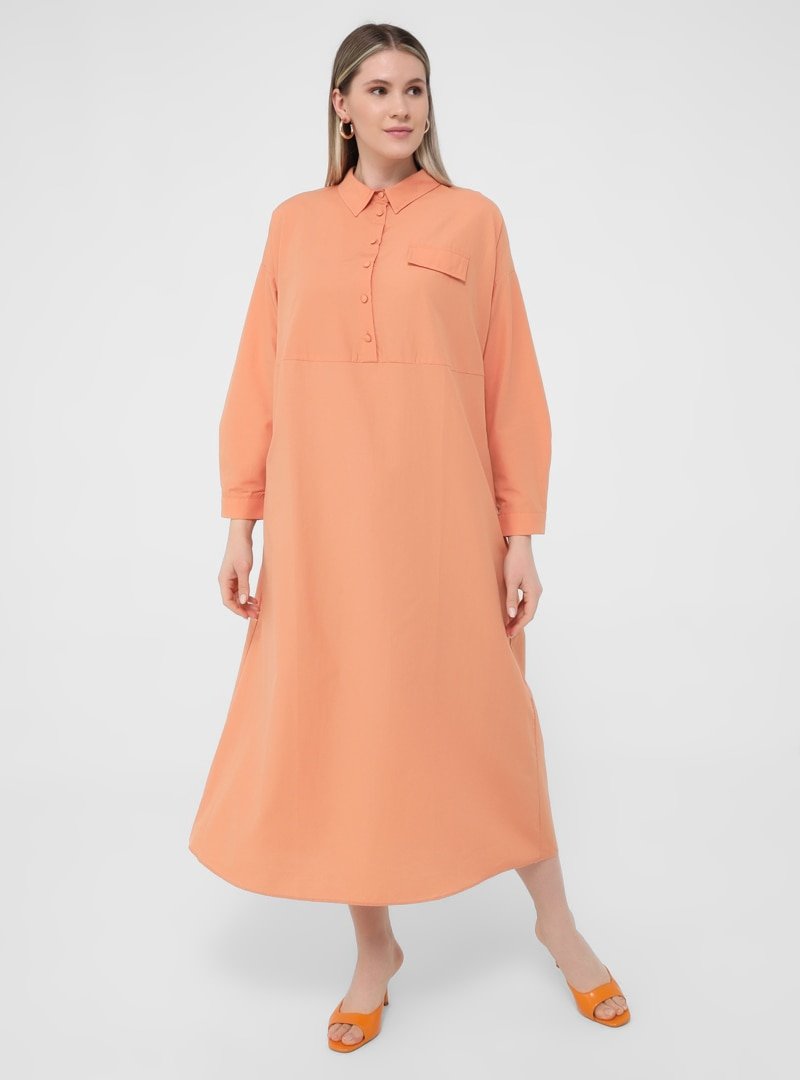 Alia Şeftali Büyük Beden Cep Detaylı Elbise