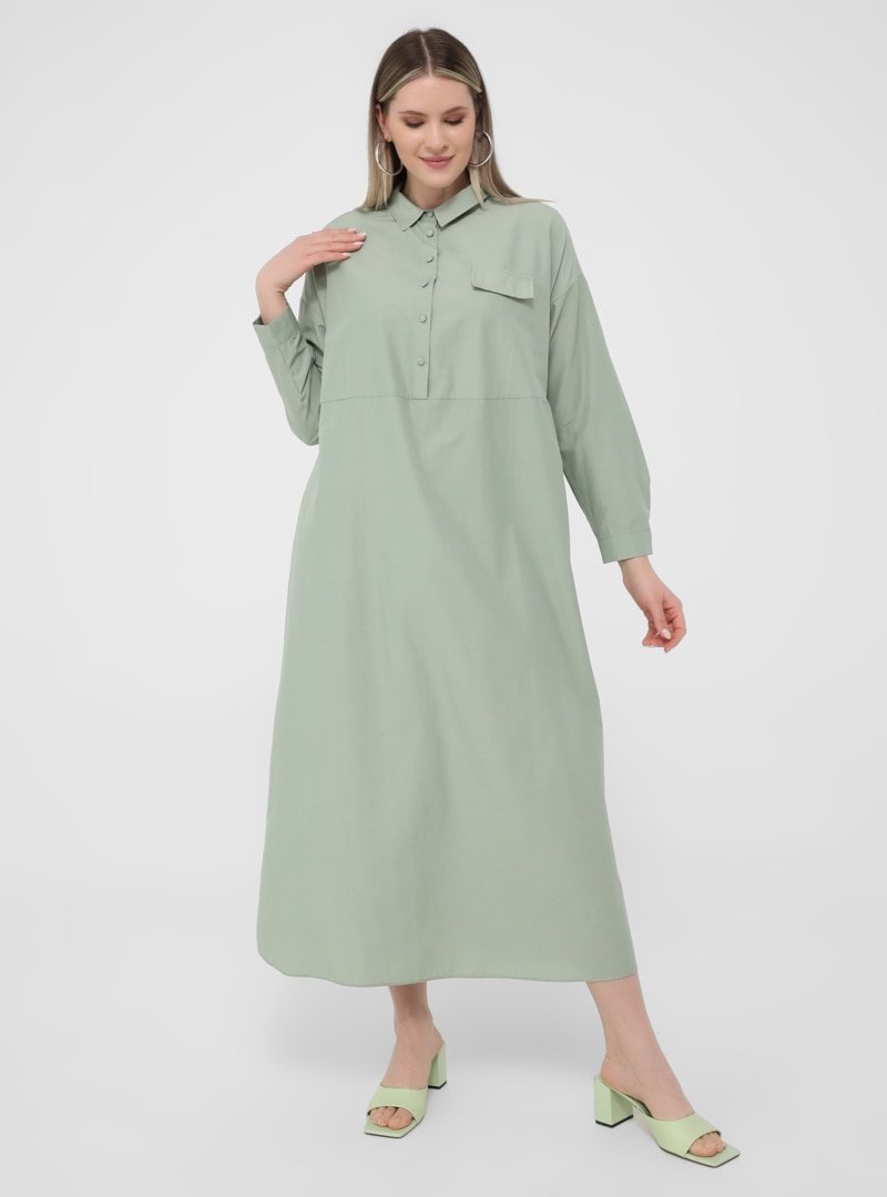 Alia Yağ Yeşili Büyük Beden Cep Detaylı Elbise