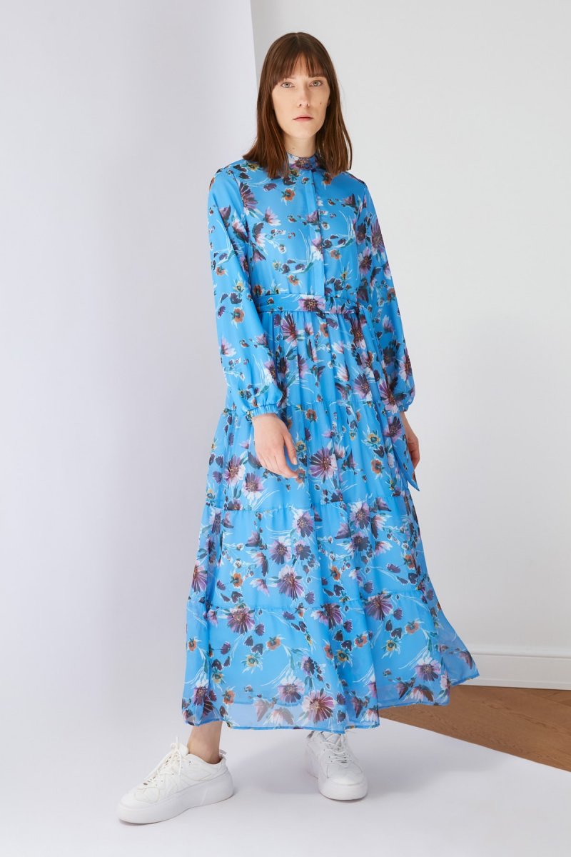 Trendyol Modest Mavi Çiçek Desenli Şifon Elbise
