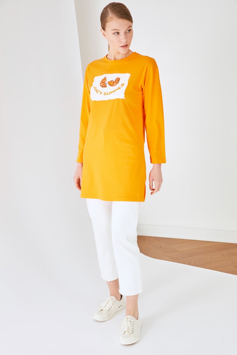Trendyol Modest Turuncu Baskılı Örme Tunik Tshirt