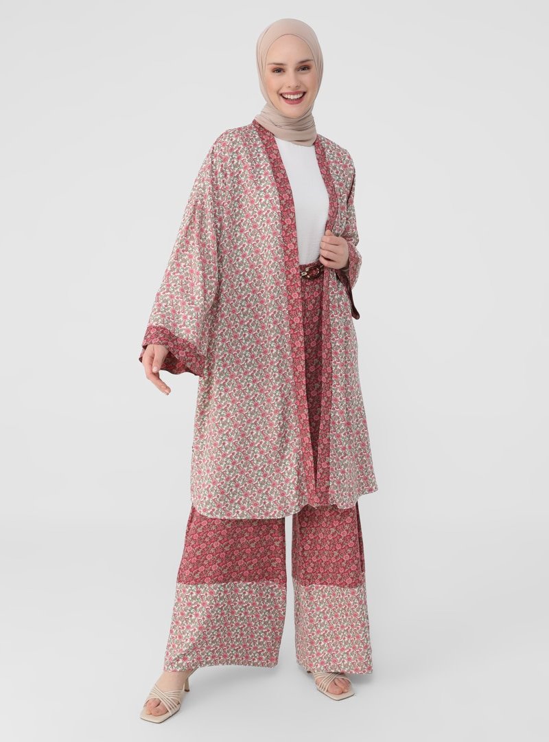 Refka Derin Pembe Çıtır Çiçek Desenli Viskon Kap/Kimono