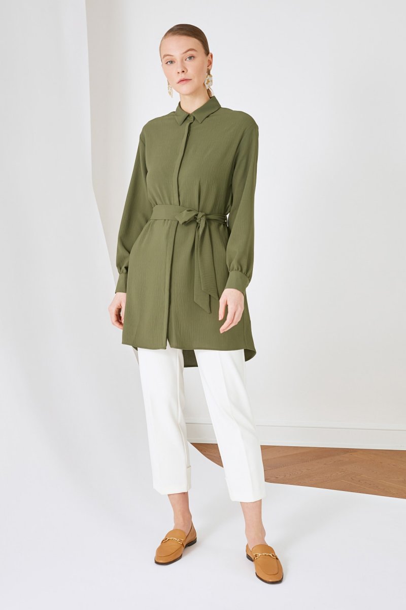 Trendyol Modest Yeşil Gömlek Yaka Tunik
