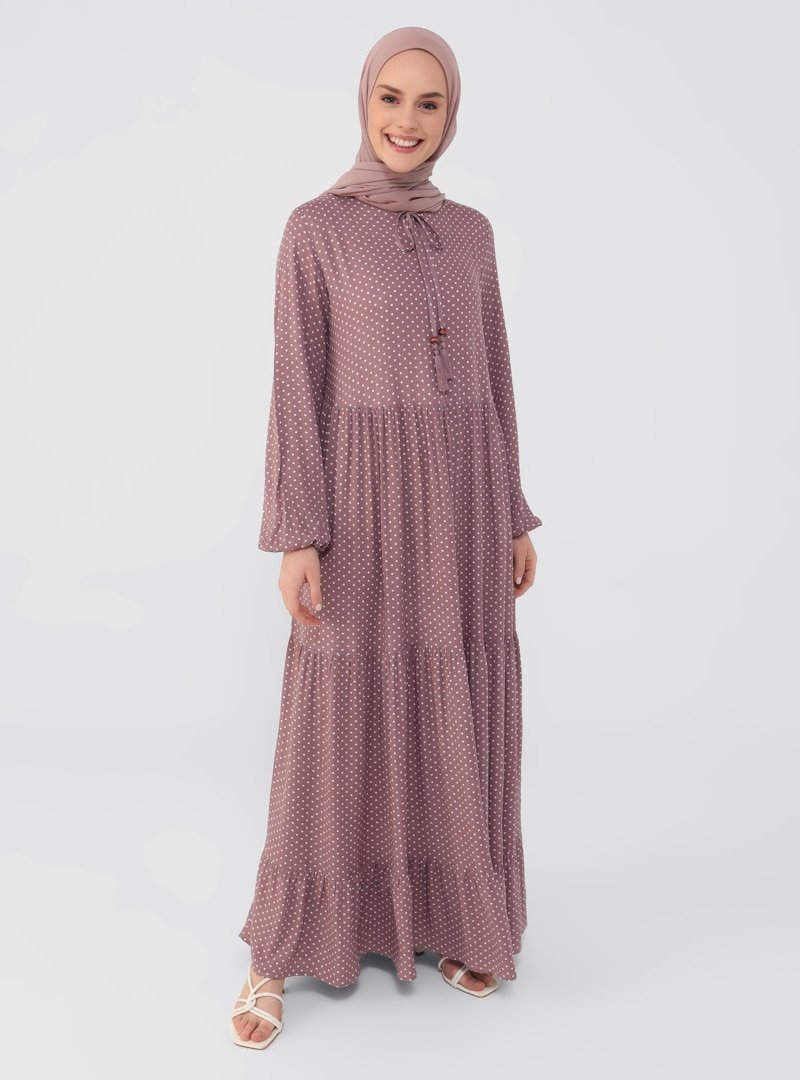 Refka Derin Pembe Doğal Kumaşlı Yakası Bağcıklı Desenli Elbise
