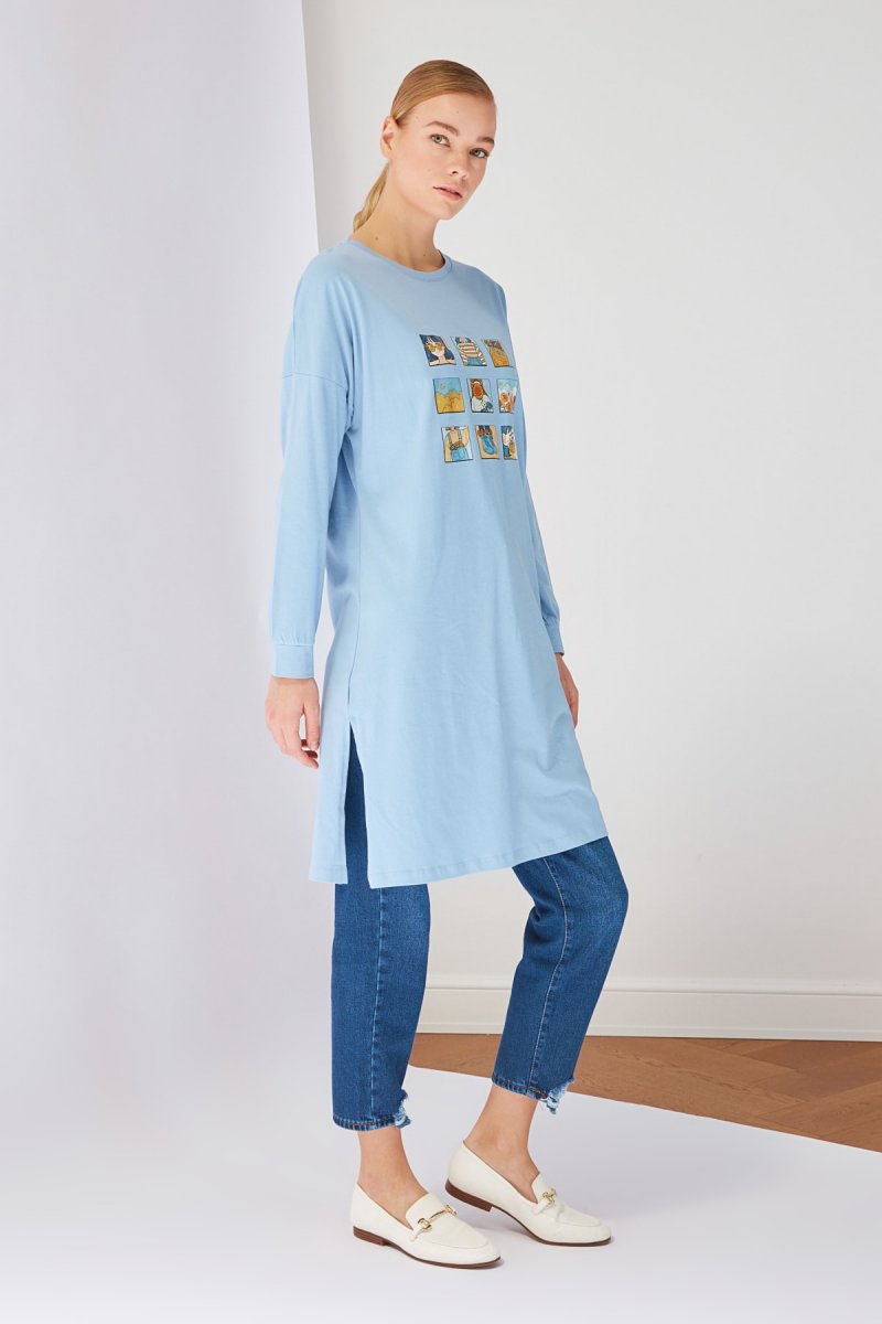 Trendyol Modest Mavi Baskılı Uzun Örme Tunik