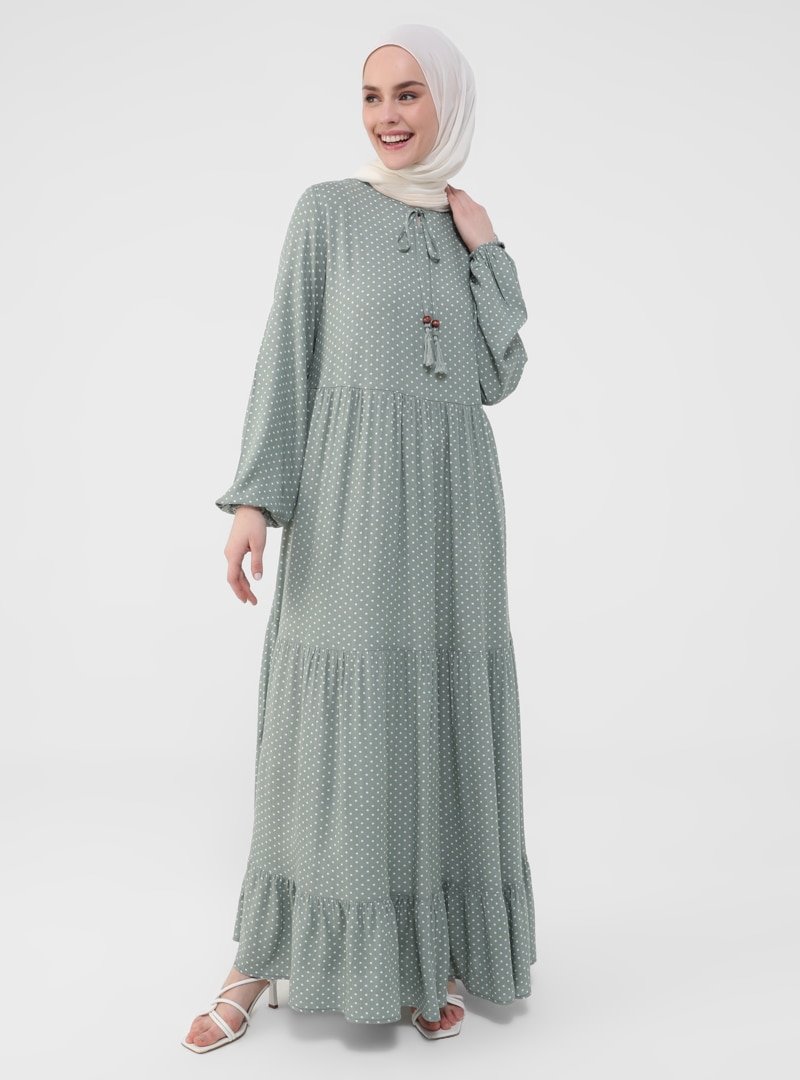 Refka Koyu Çağla Doğal Kumaşlı Yakası Bağcıklı Desenli Elbise