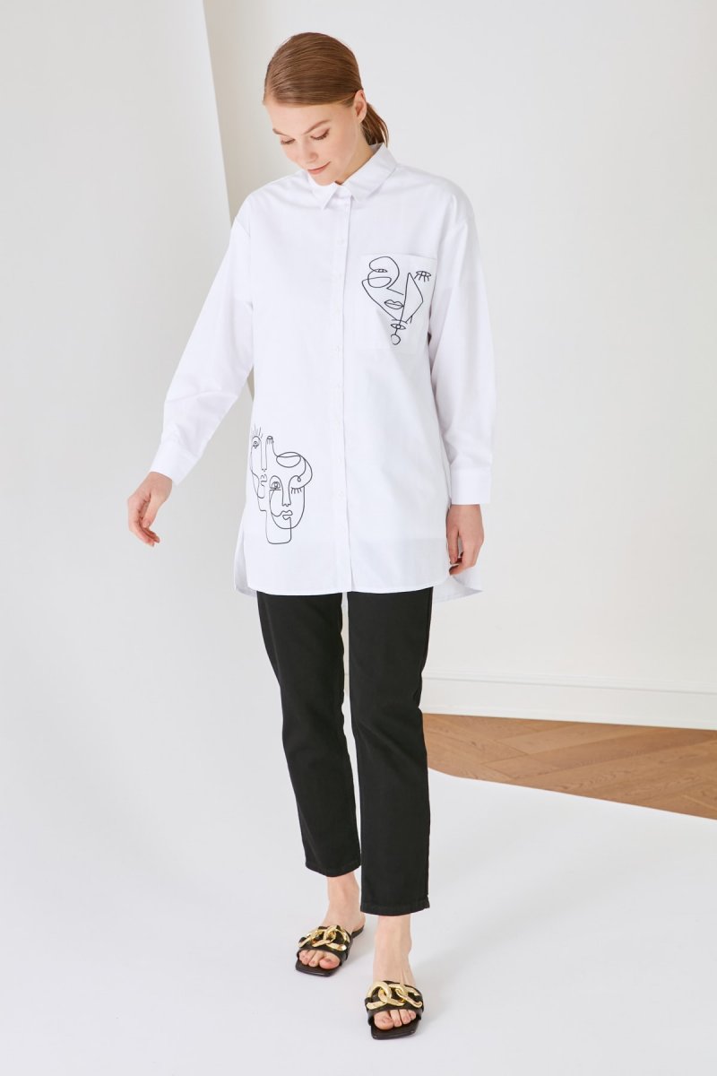Trendyol Modest Beyaz Gömlek Yaka Baskılı Tunik