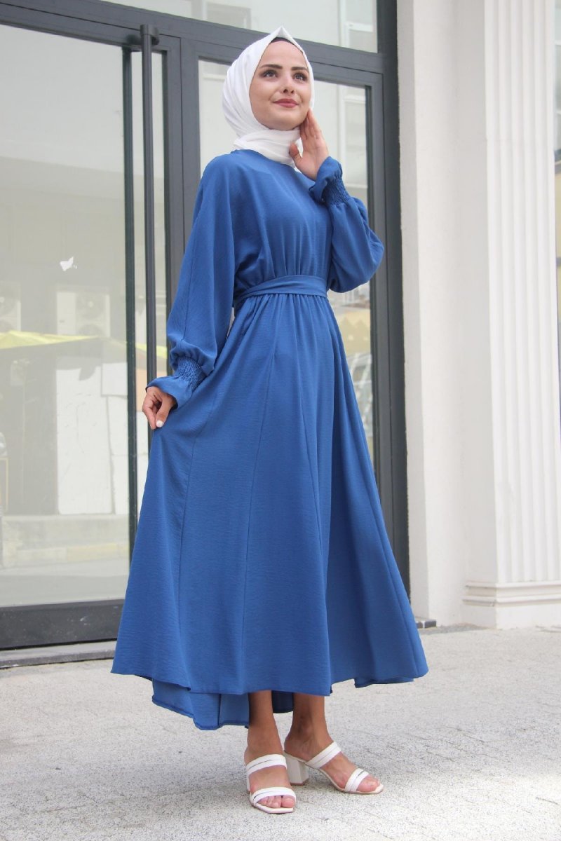 Meqlife Mavi Bella Kuşak Detaylı Elbise