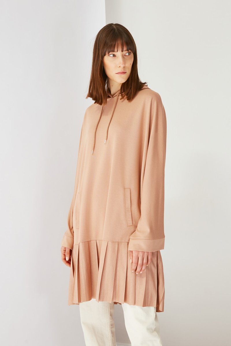 Trendyol Modest Bej Kapüşonlu Oversize Örme Tunik