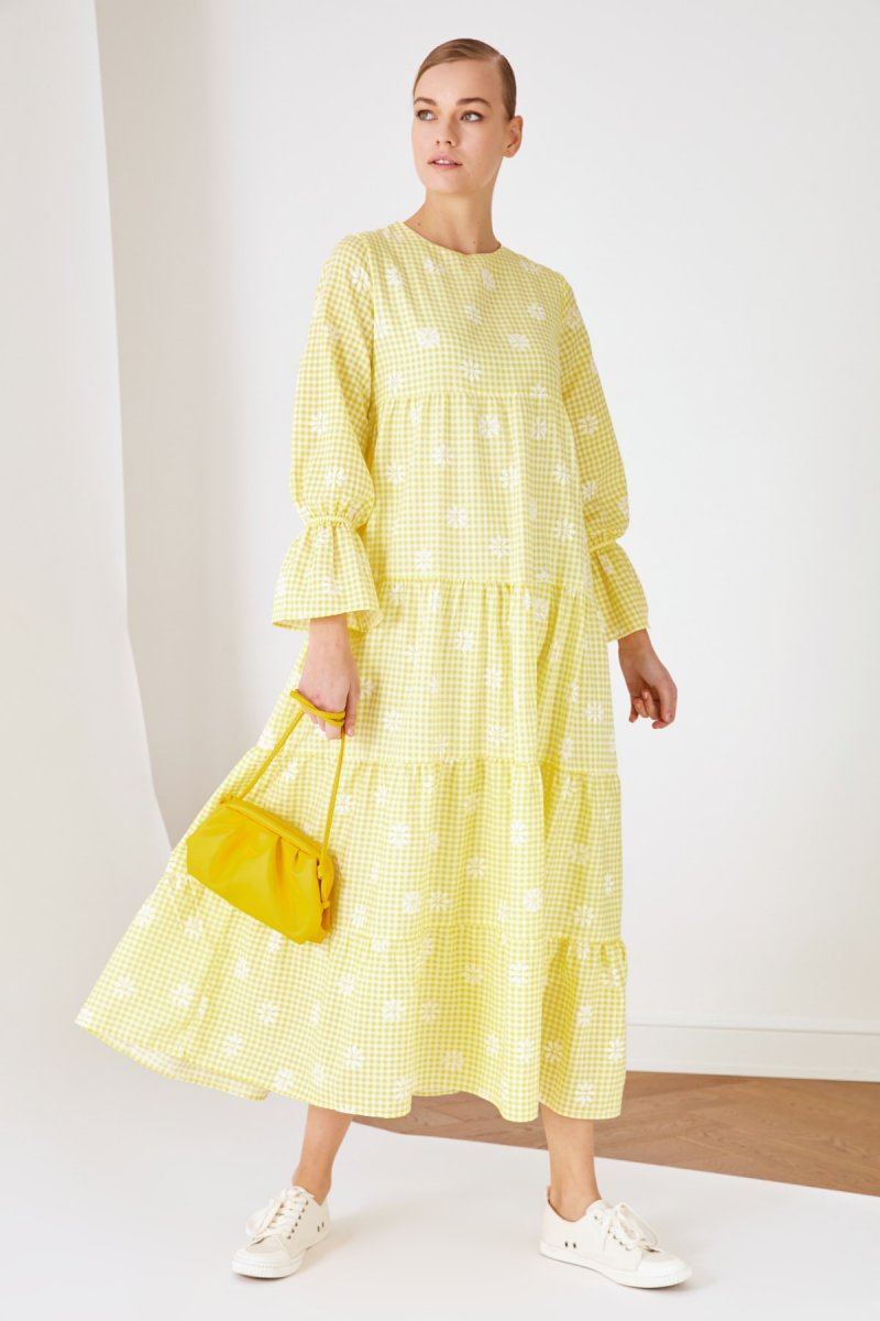 Trendyol Modest Sarı Çiçek Desenli Astarlı Pamuk Elbise