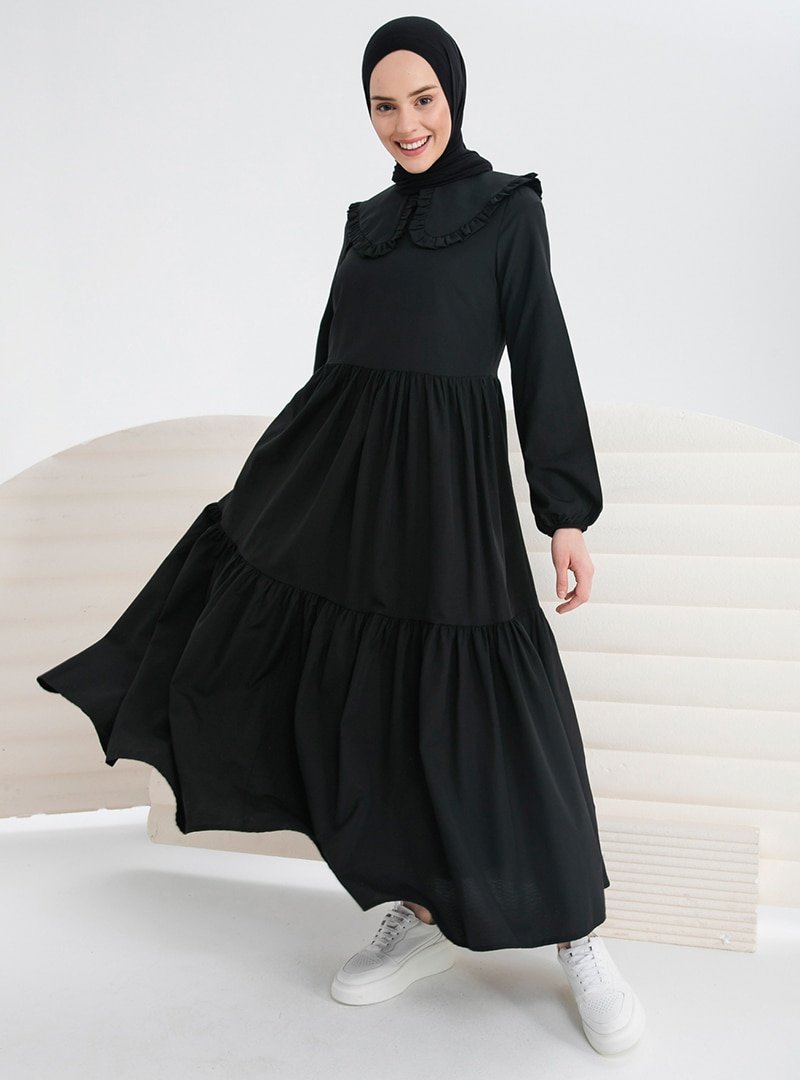 İnşirah Siyah Büzgülü Elbise