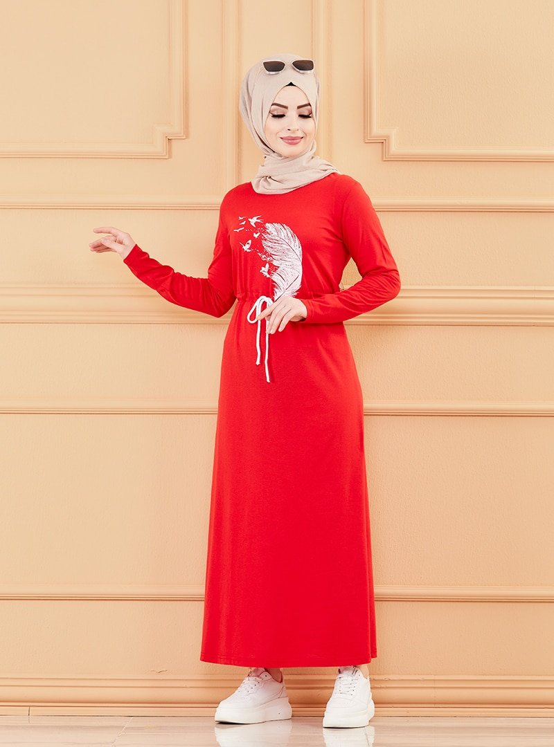 Tofisa Kırmızı Belden Bağcıklı Desenli Elbise
