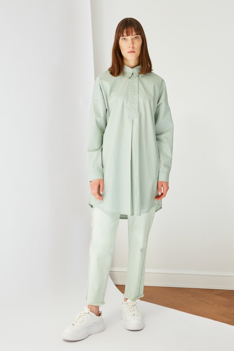 Trendyol Modest Yeşil Mint Gömlek Yaka Tunik