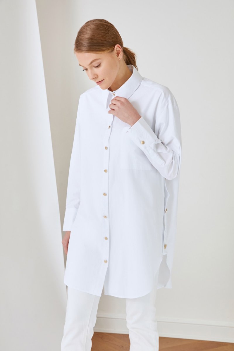Trendyol Modest Beyaz Gömlek Yaka Düğme Detaylı Tunik