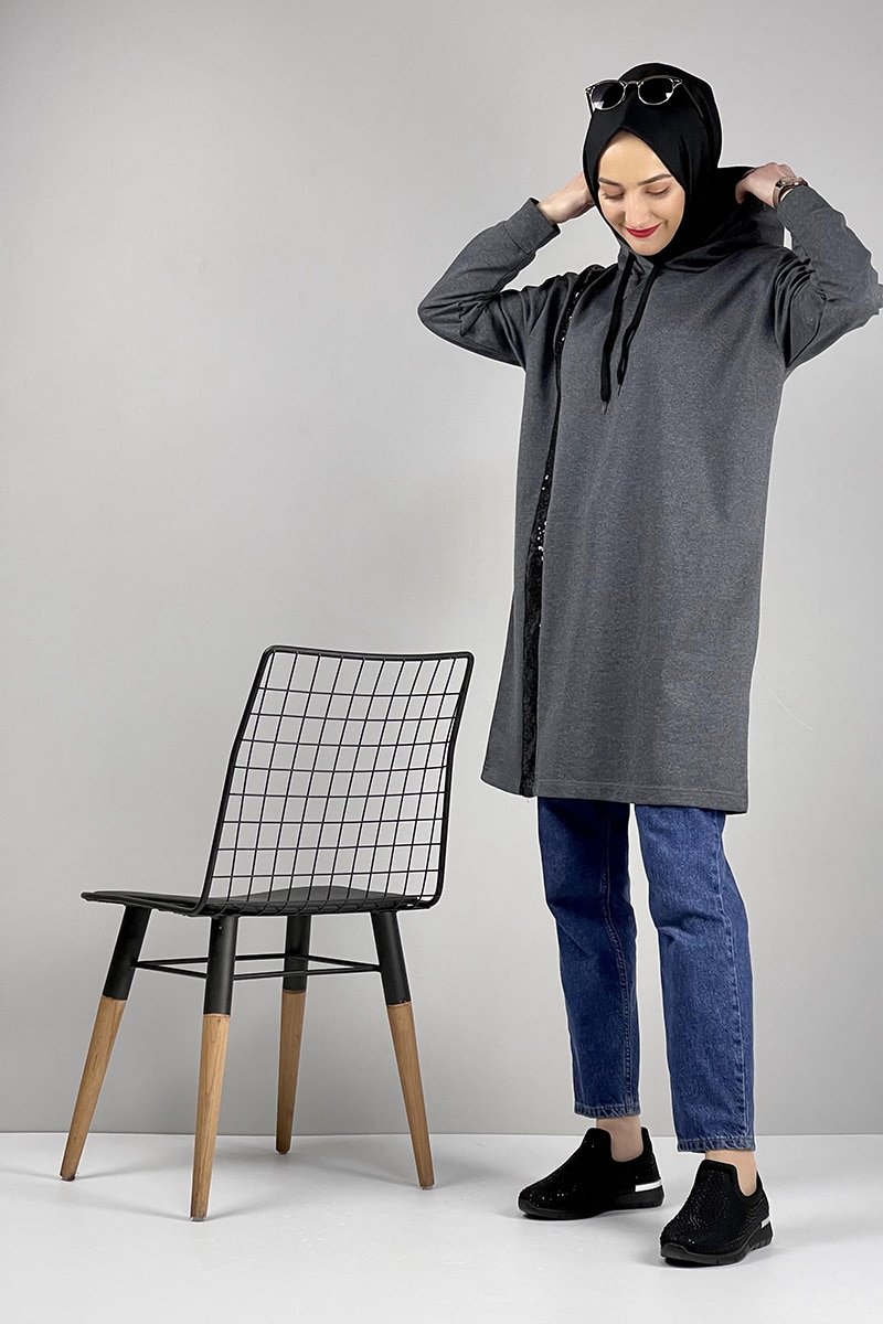 MODAPİNHAN Antrasit Pul Payet Detaylı Spor Tunik