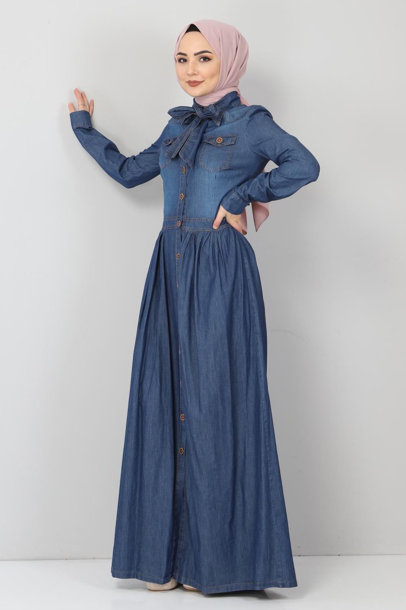MISSVALLE Koyu Mavi Fularlı Düğmeli Kot Elbise