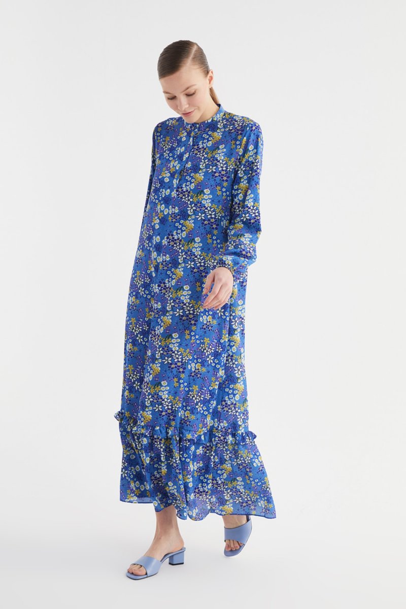 Trendyol Modest Lacivert Fırfırlı Desenli Krep Elbise
