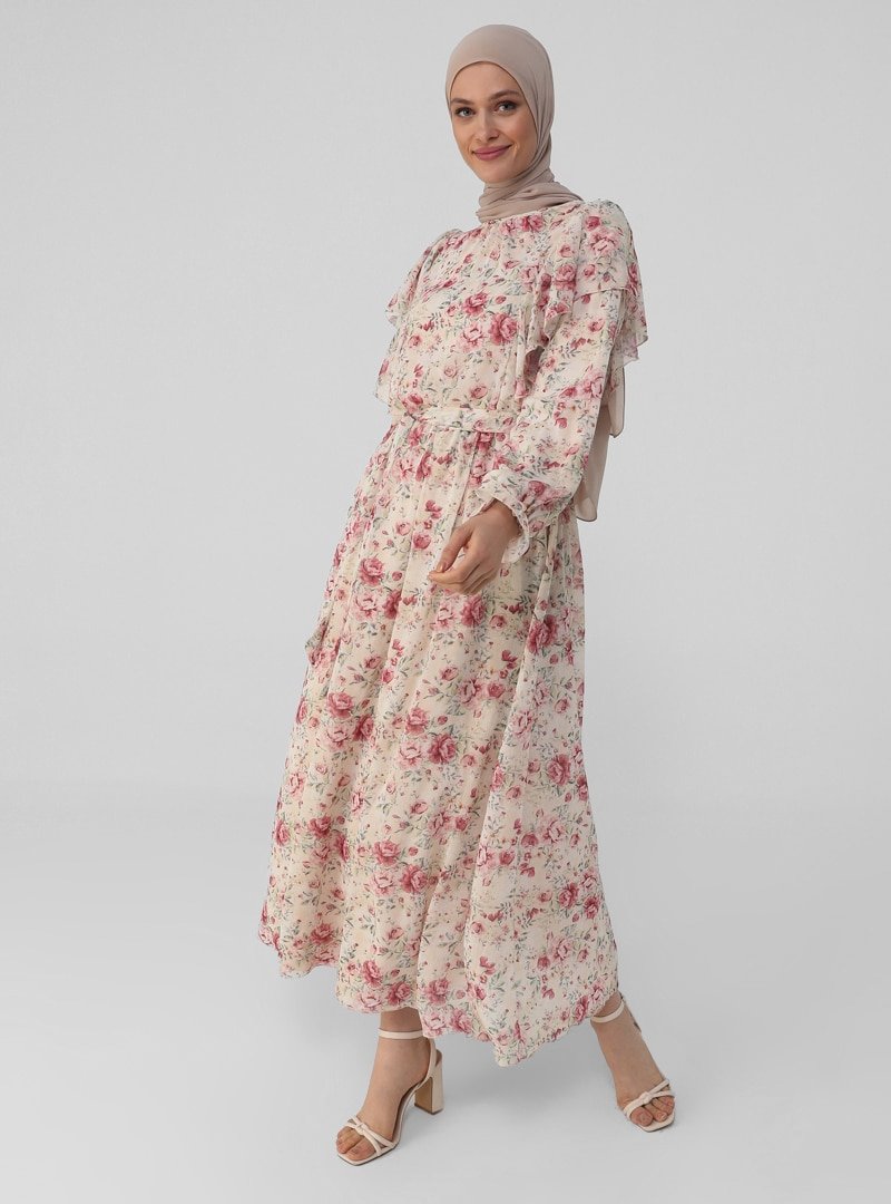 Refka Çiçekli Pembe Volan Detaylı Şifon Elbise