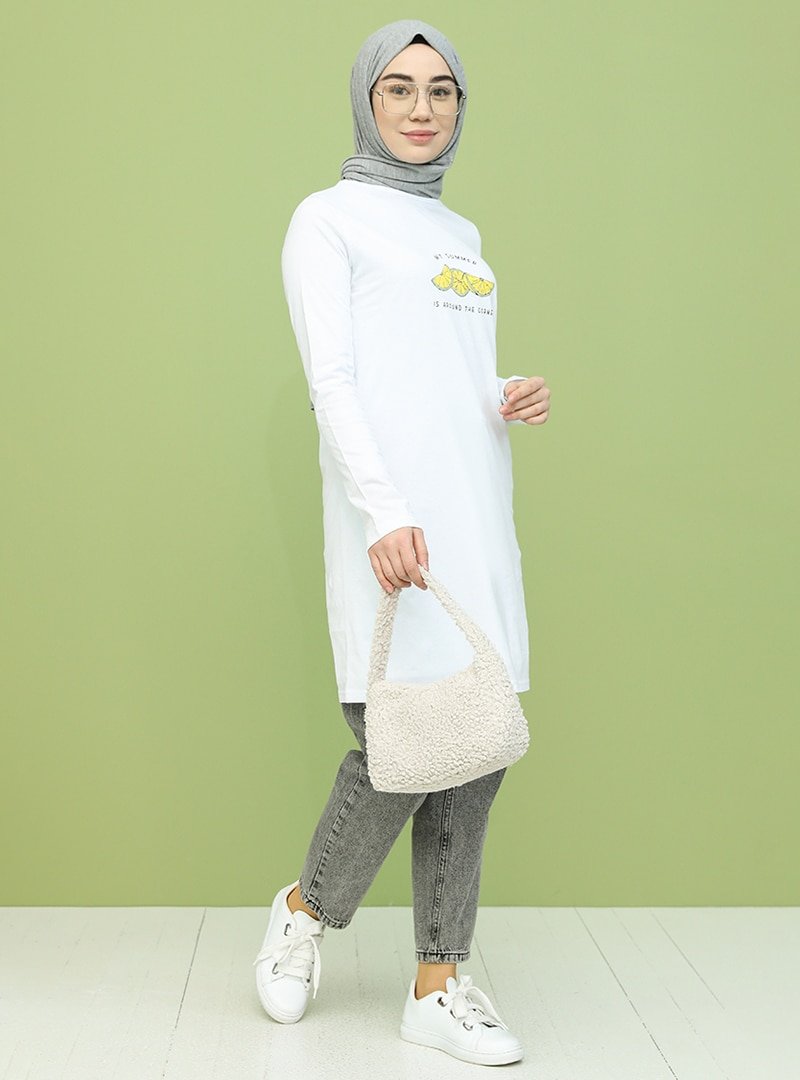 Bwest Beyaz Baskılı Tunik