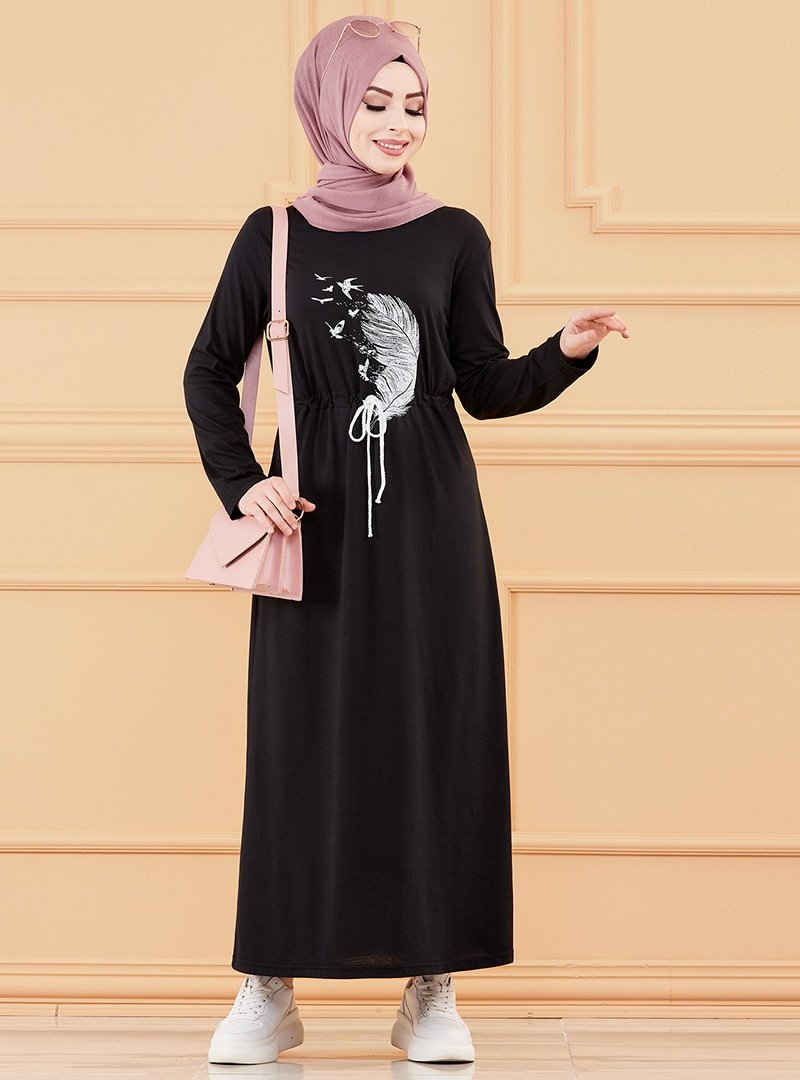 Tofisa Siyah Belden Bağcıklı Desenli Elbise