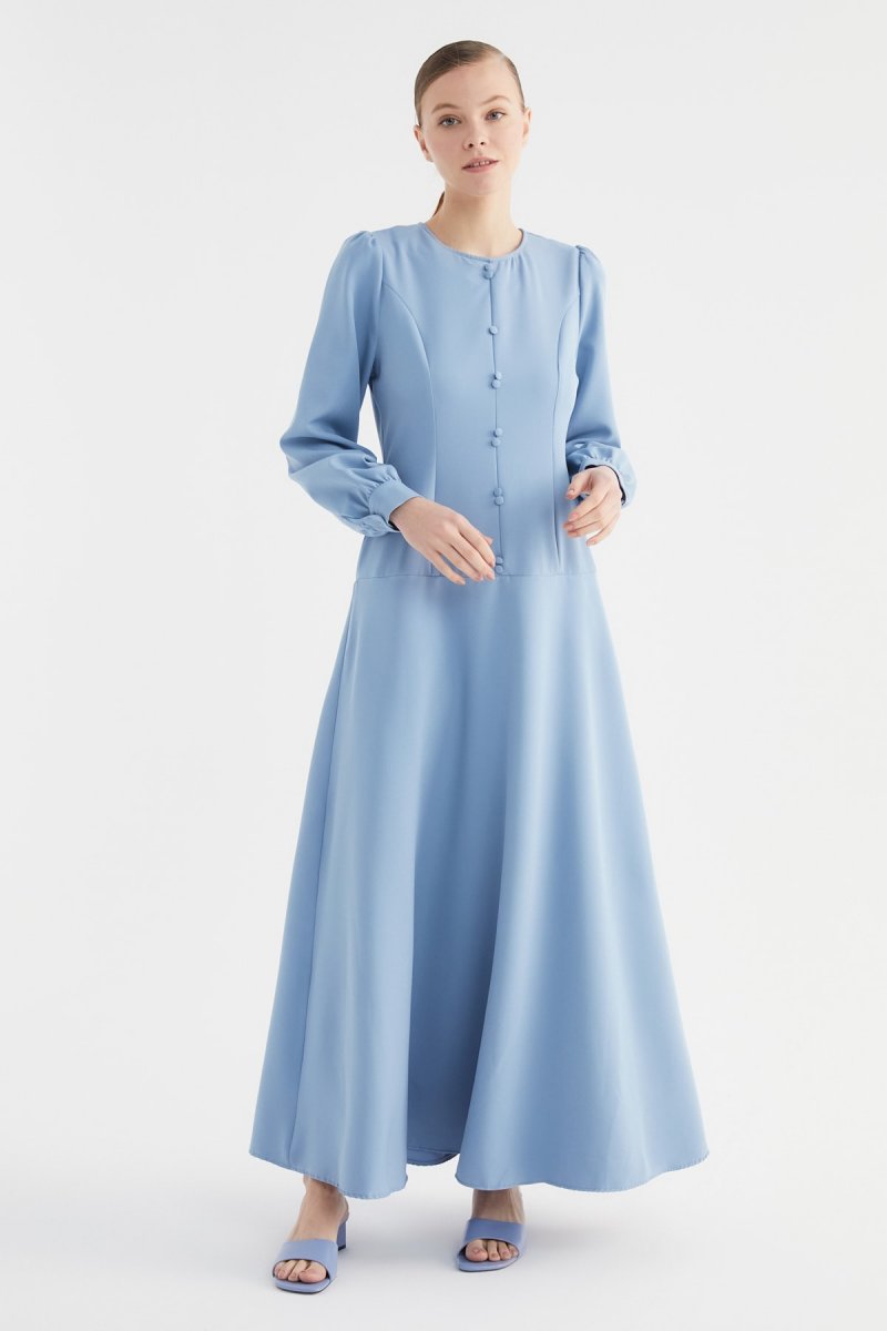 Trendyol Modest Mavi Düğme Detaylı Elbise