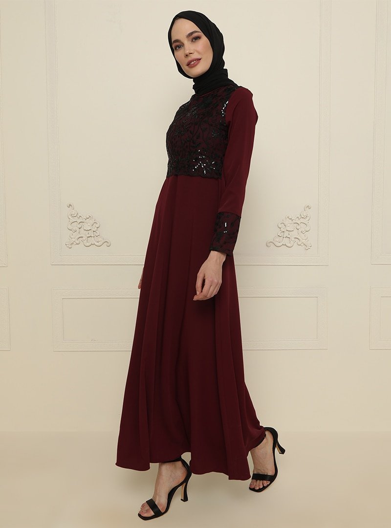 Gold Dresses Bordo Dantel Detaylı Abiye Elbise