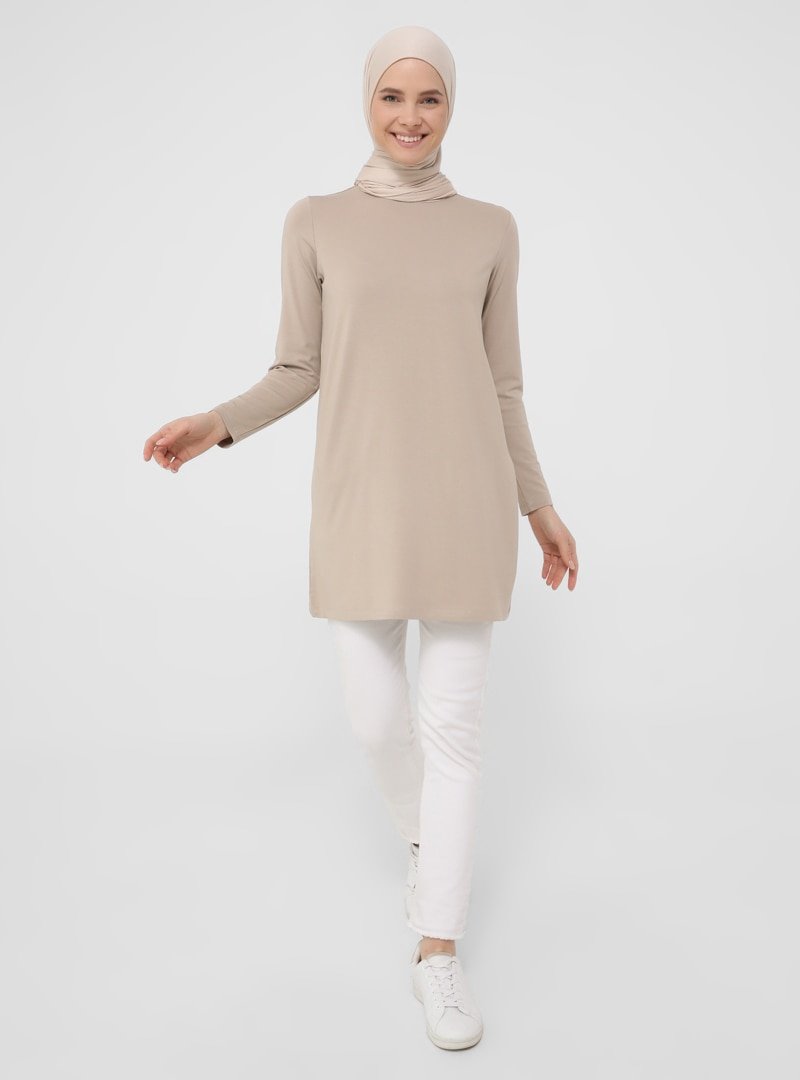 Everyday Basic Antik Vizon Viskon Kumaştan Bisiklet Yaka Tunik 