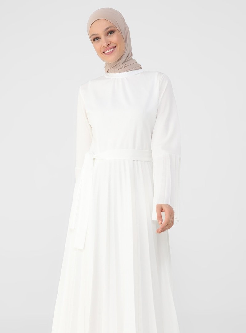 Refka Off White Pilise Detaylı Astarlı İspanyol Kol Elbise