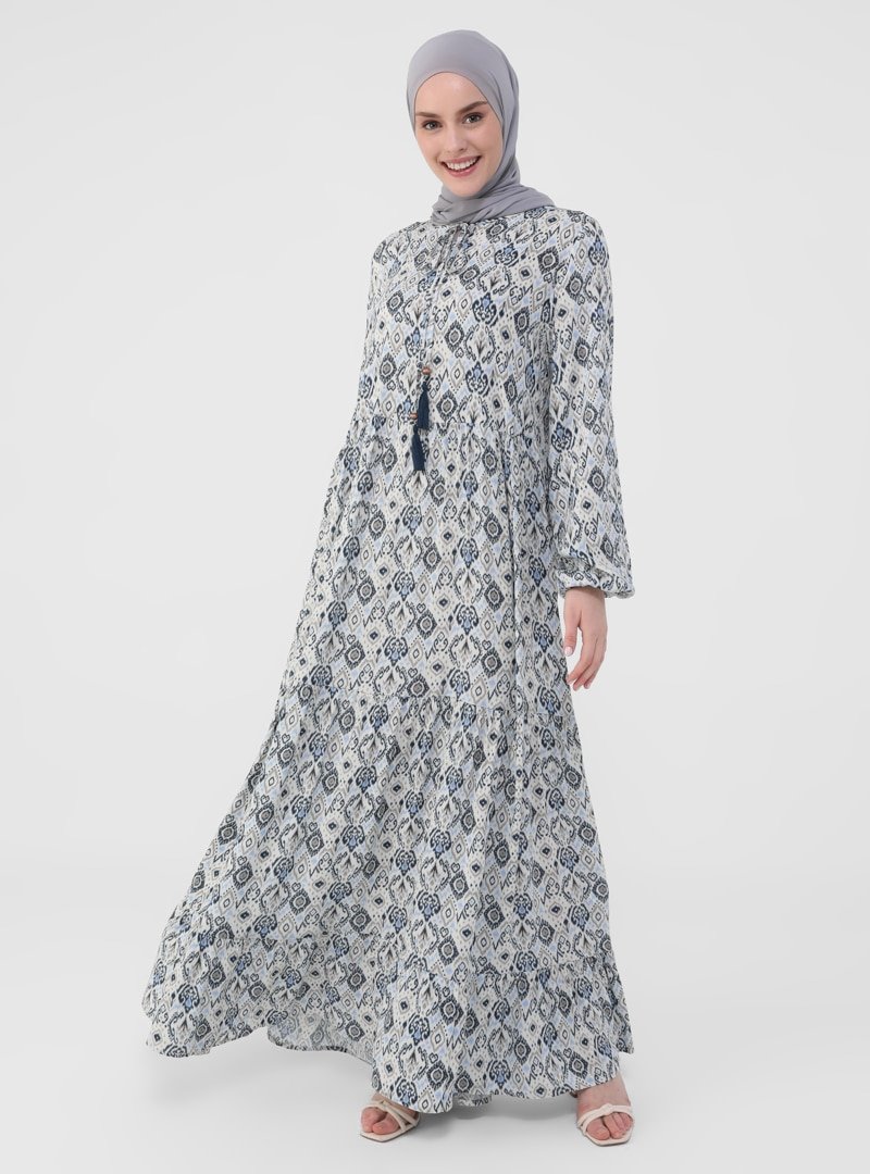 Refka İndigo Doğal Kumaşlı Yakası Bağcıklı Desenli Elbise