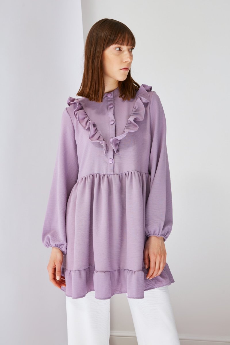Trendyol Modest Lila fırfırlı Tunik Elbise