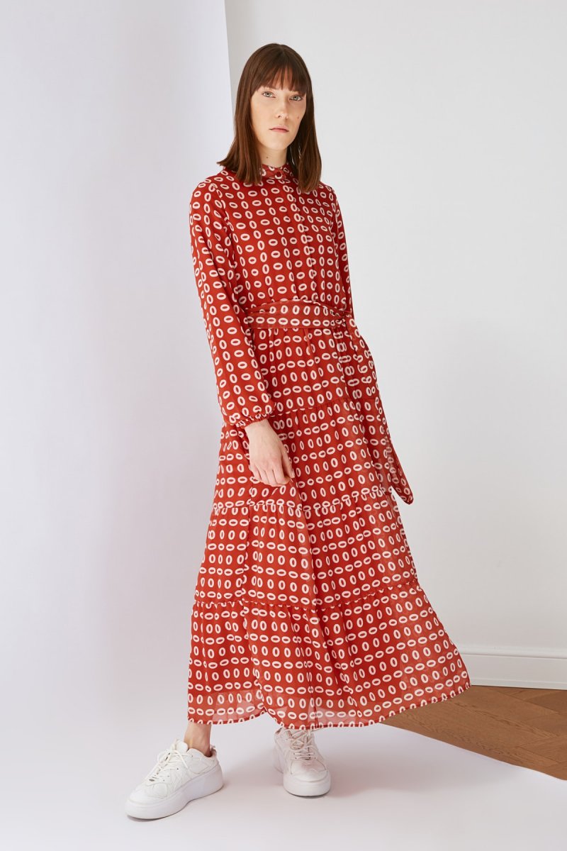Trendyol Modest Turuncu Kiremit Desenli Şifon Elbise