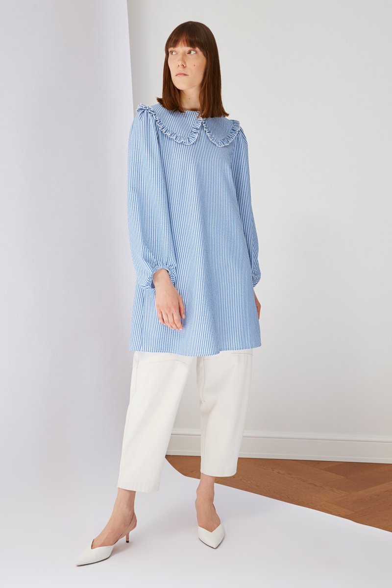 Trendyol Modest Mavi Çizgili Yaka detaylı Tunik Elbise