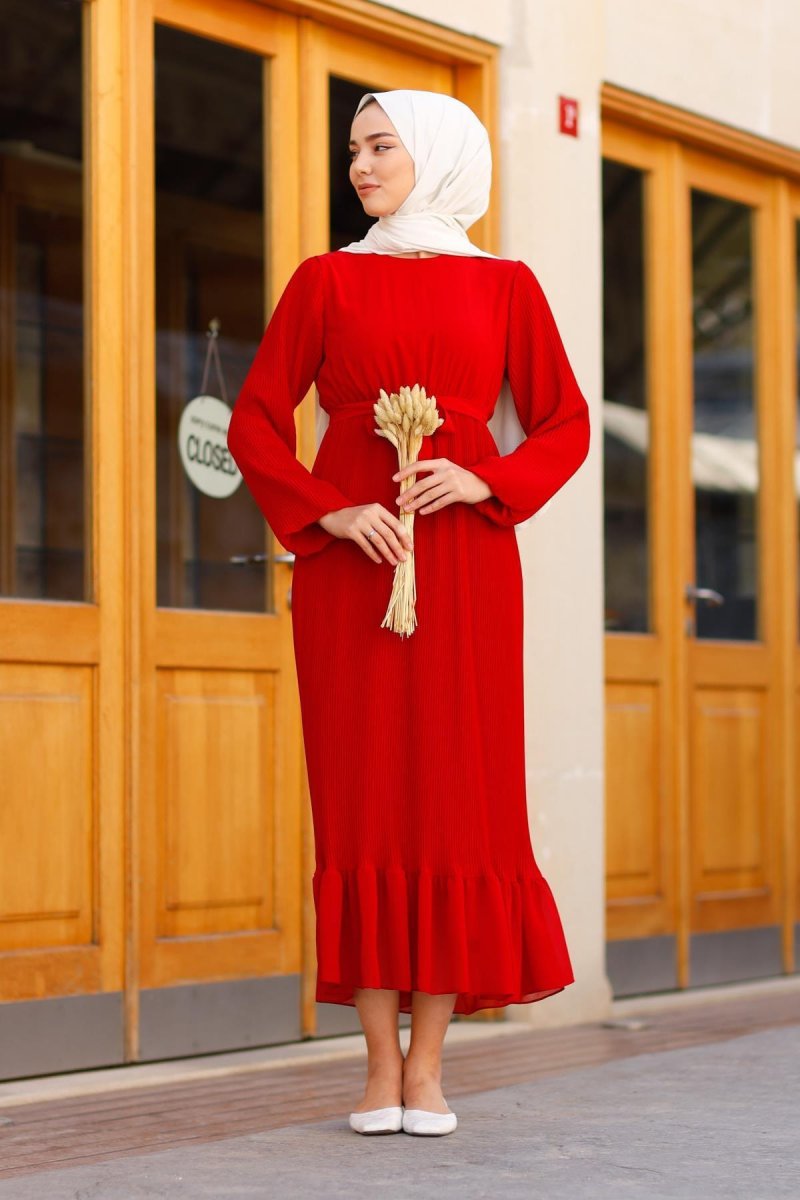 Meqlife Kırmızı Creat Pileli Elbise